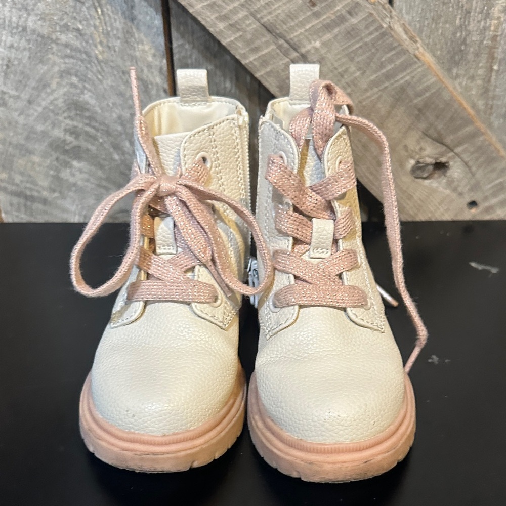 Cat & Jack Cream Ankle Boots with Pink Laces